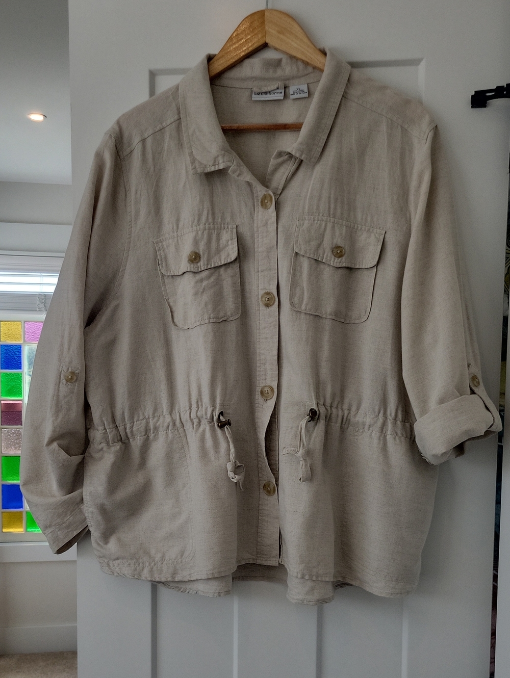 Liz Claiborne Neutral Beige Utility Jacket/Shirt w/ Drawstring Waist And Pockets